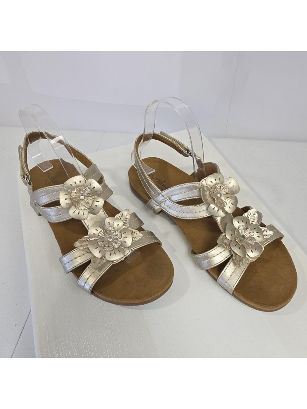 Natural Soul Sandals Womens Size 9.5 Gold Avril Slingback Flower Wedge Comfort